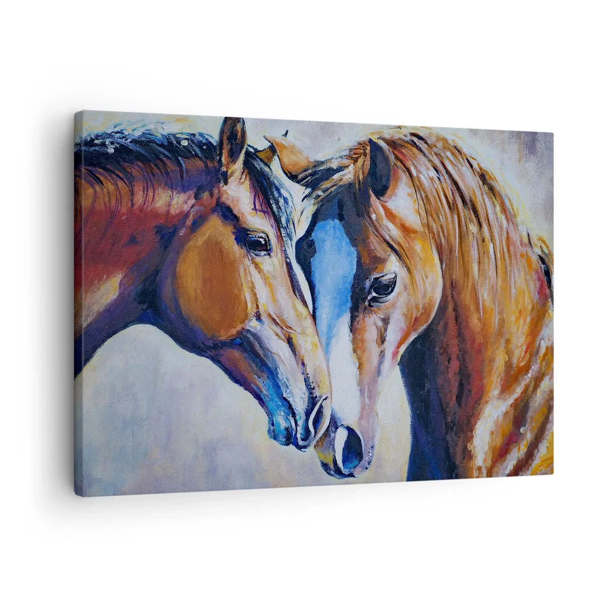 Canvastavla - Bild på duk - En bildlig representation av två hästar i en vänlig miljö. - 70x50cm - Är det vänskap? eller är det kärlek? - Modern väggdekoration för vardagsrum och sovrum ARTTOR