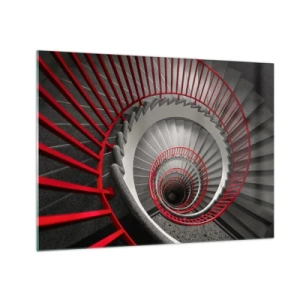 Glastavla - Bild på glas - Spiraltrappa med röda ledstänger i perspektiv - 70x50cm - Arkitektoniska spel - Modern väggdekoration för vardagsrum och sovrum ARTTOR