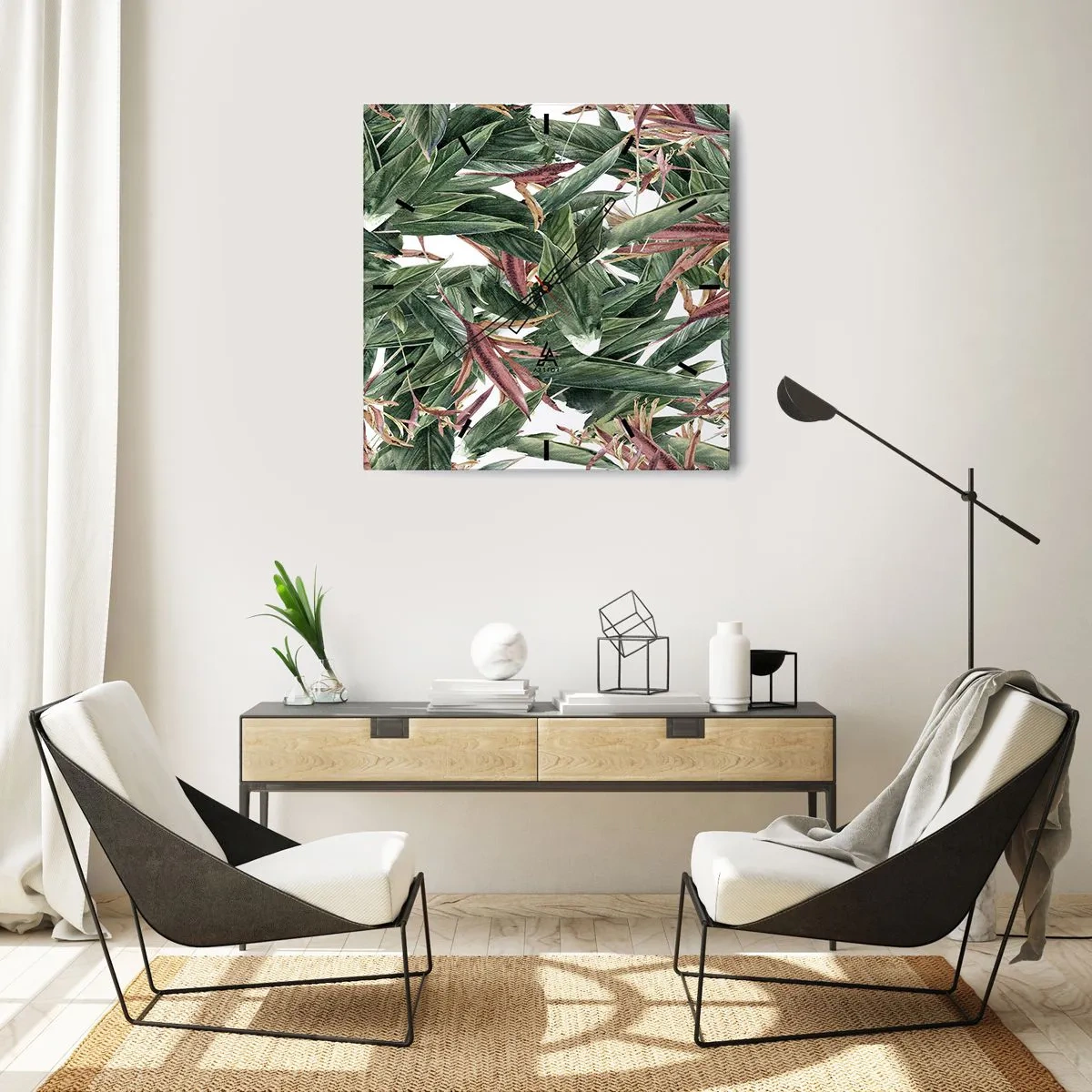 Väggklocka - Klocka på glas - Smaragd-lila växter - 30x30 cm