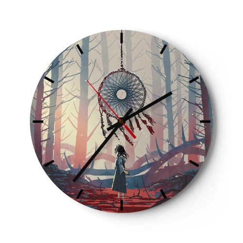 Väggklocka - Klocka på glas - En figur i skogen som tittar på en drömfångare i ett mystiskt ljus. - 30x30cm - Hemlighetsfull ritual av lyckan - Modern väggdekoration för vardagsrum, kök och sovrum ARTTOR