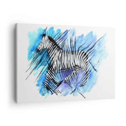 Canvastavla - Bild på duk - Akvarell illustration av en zebra mot en blå himmel - 70x50cm - Gömd i ränderna - Modern väggdekoration för vardagsrum och sovrum ARTTOR