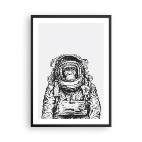 Affisch i svart ram - En apa i rymddräkt på vit bakgrund - 50x70cm - Alternativ evolution - Modern väggdekoration för vardagsrum och sovrum ARTTOR