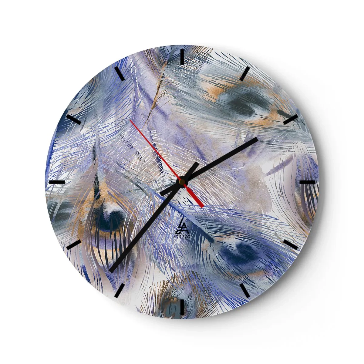 Väggklocka - Klocka på glas - En komposition inspirerad av påfågelfjädrar i en konstnärlig stil - 30x30cm - Komposition med påfågelsfjädrar - Modern väggdekoration för vardagsrum, kök och sovrum ARTTOR