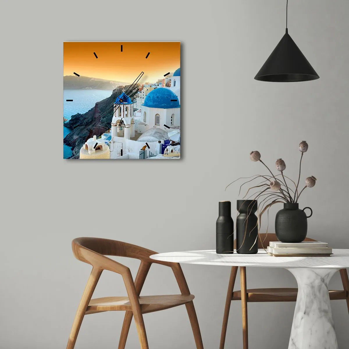 Väggklocka - Klocka på glas - Santorini - inbäddat i berg - 30x30 cm