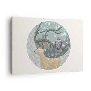 Canvastavla - Bild på duk - En hjort och en uggla i ett sagolikt nattlandskap - 70x50cm - Sagolik skogsnatt - Modern väggdekoration för vardagsrum och sovrum ARTTOR