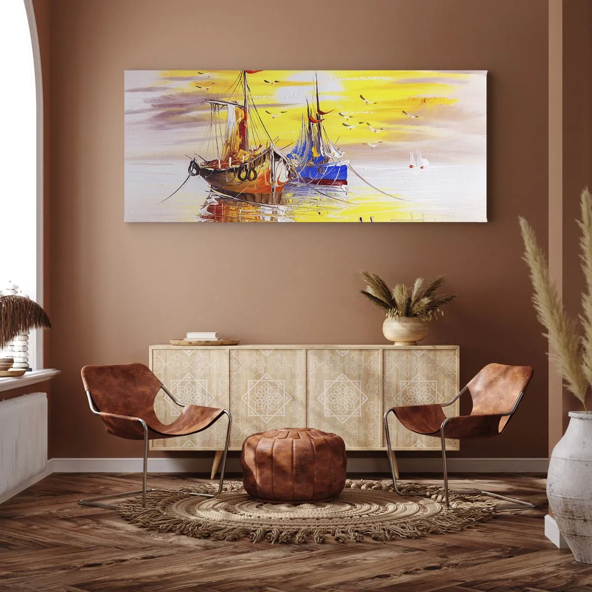 Canvastavla - Bild på duk - Välförtjänt vila i hamnen - 140x50 cm