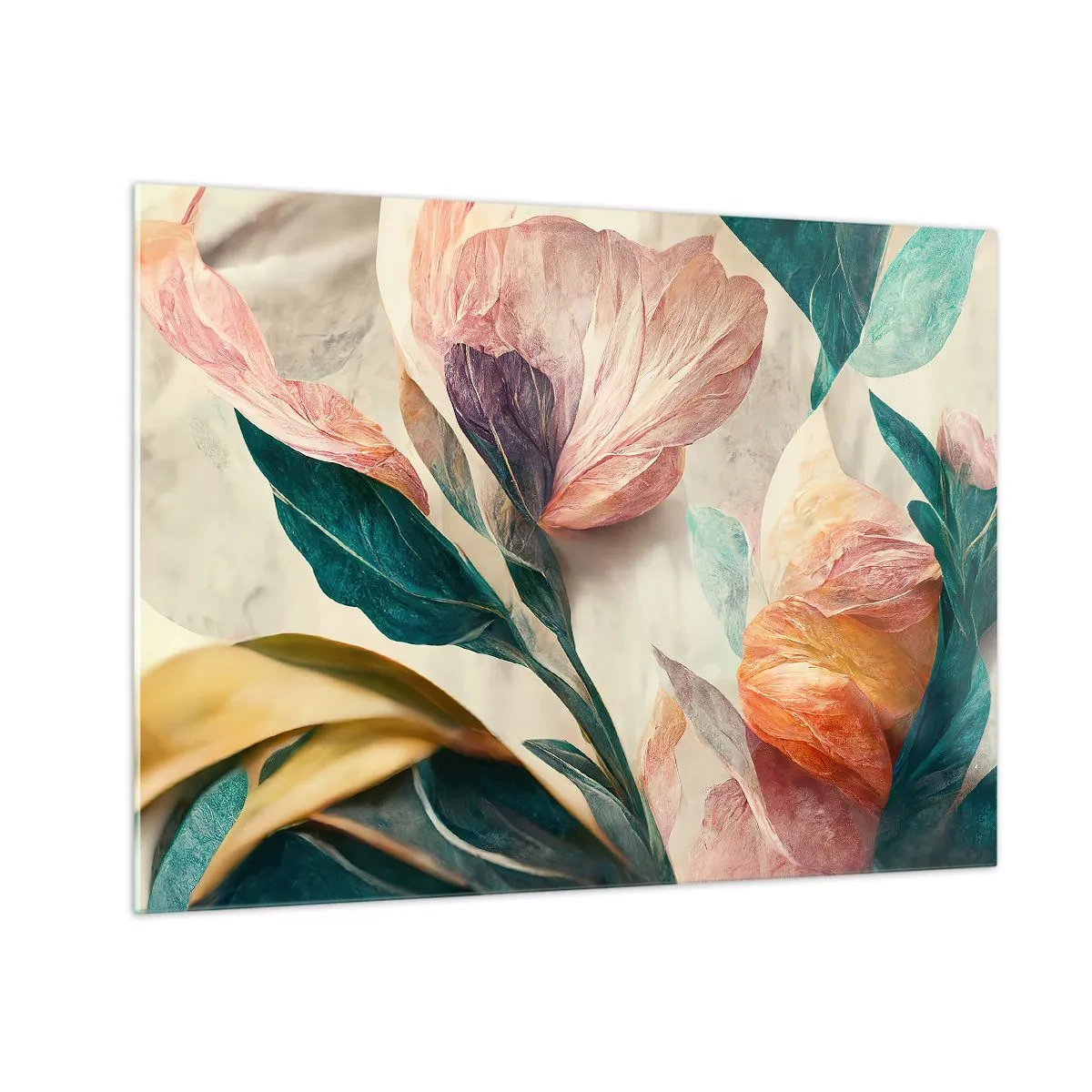 Glastavla - Bild på glas - Exotiska blommor och blad i pastellfärger i botanisk stil - 70x50cm - Blommor av de södra öarna - Modern väggdekoration för vardagsrum och sovrum ARTTOR