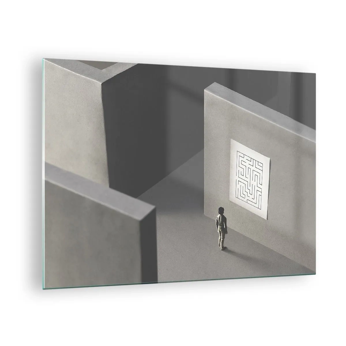 Glastavla - Bild på glas - Barn i en labyrint med en gåtasymbol - 70x50cm - Men var är jag? - Modern väggdekoration för vardagsrum och sovrum ARTTOR