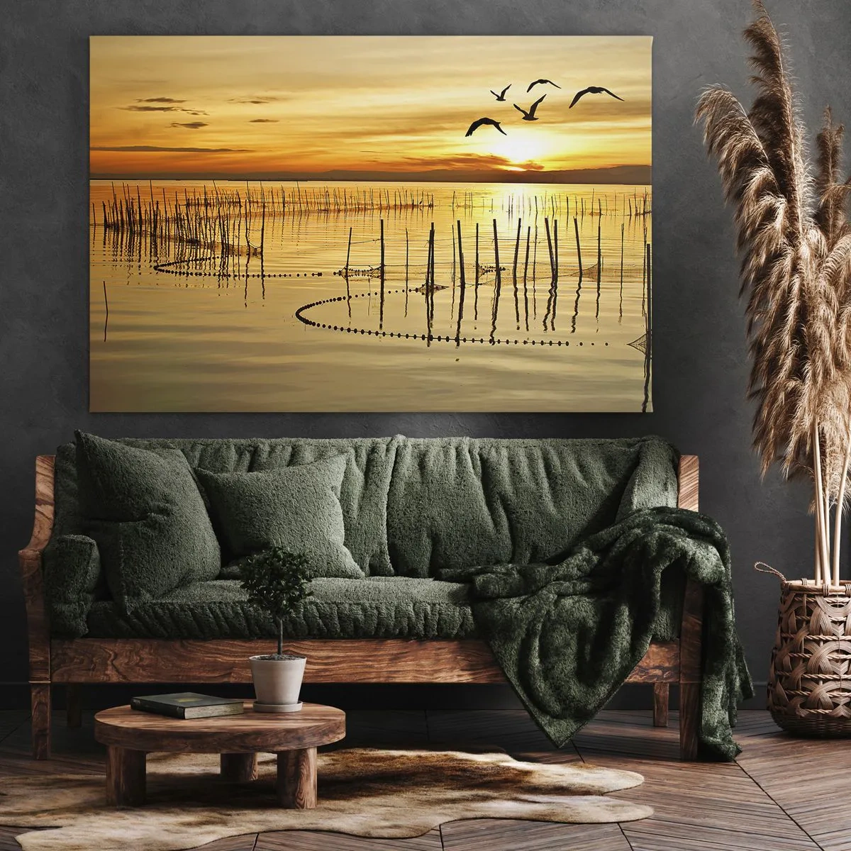 Canvastavla - Bild på duk - Solnedgång över vattnet med fåglar i flykt - 70x50cm - Fiskevatten - Modern väggdekoration för vardagsrum och sovrum ARTTOR