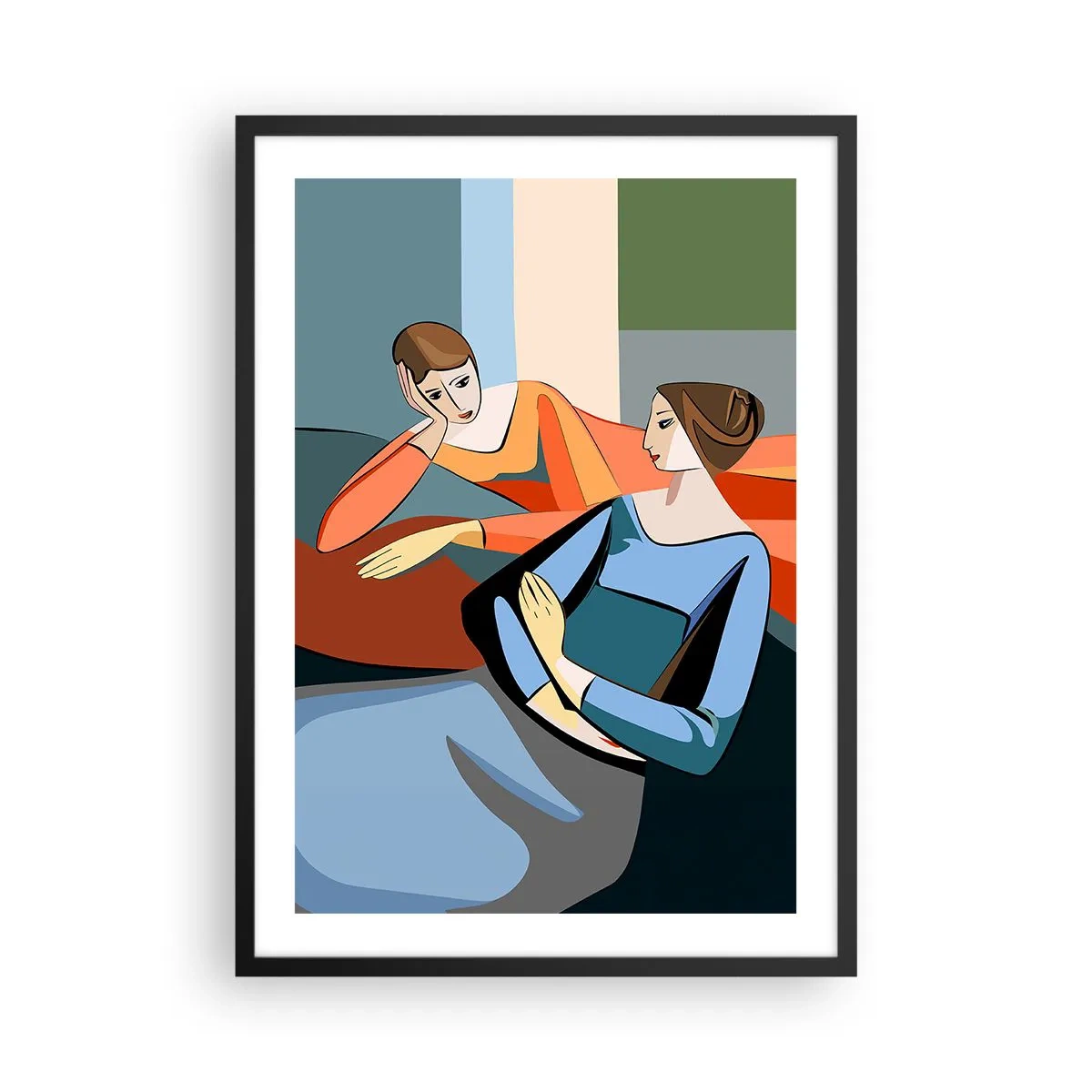 Affisch i svart ram - En modern illustration av två kvinnor i kubistisk stil. - 50x70cm - Ett ögonblick av förtrolighet - Modern väggdekoration för vardagsrum och sovrum ARTTOR
