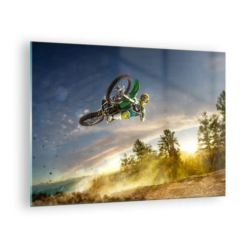 Glastavla - Bild på glas - En motorcyklist i aktion mot bakgrund av den nedgående solen - 70x50cm - Koppla in emotioner! - Modern väggdekoration för vardagsrum och sovrum ARTTOR