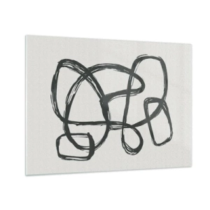 Glastavla - Bild på glas - Svarta öglor och linjer bildar en abstrakt komposition mot en vit bakgrund. - 70x50cm - Loopad abstraktion - Modern väggdekoration för vardagsrum och sovrum ARTTOR