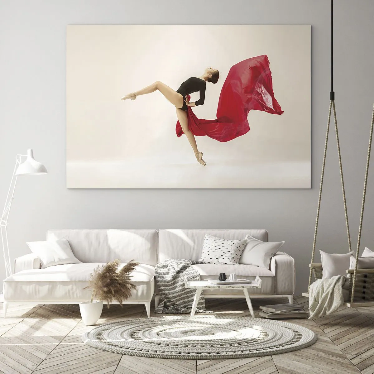Glastavla - Bild på glas - En dansare i ett dynamiskt hopp med rött tyg - 70x50cm - Röd och svart - Modern väggdekoration för vardagsrum och sovrum ARTTOR