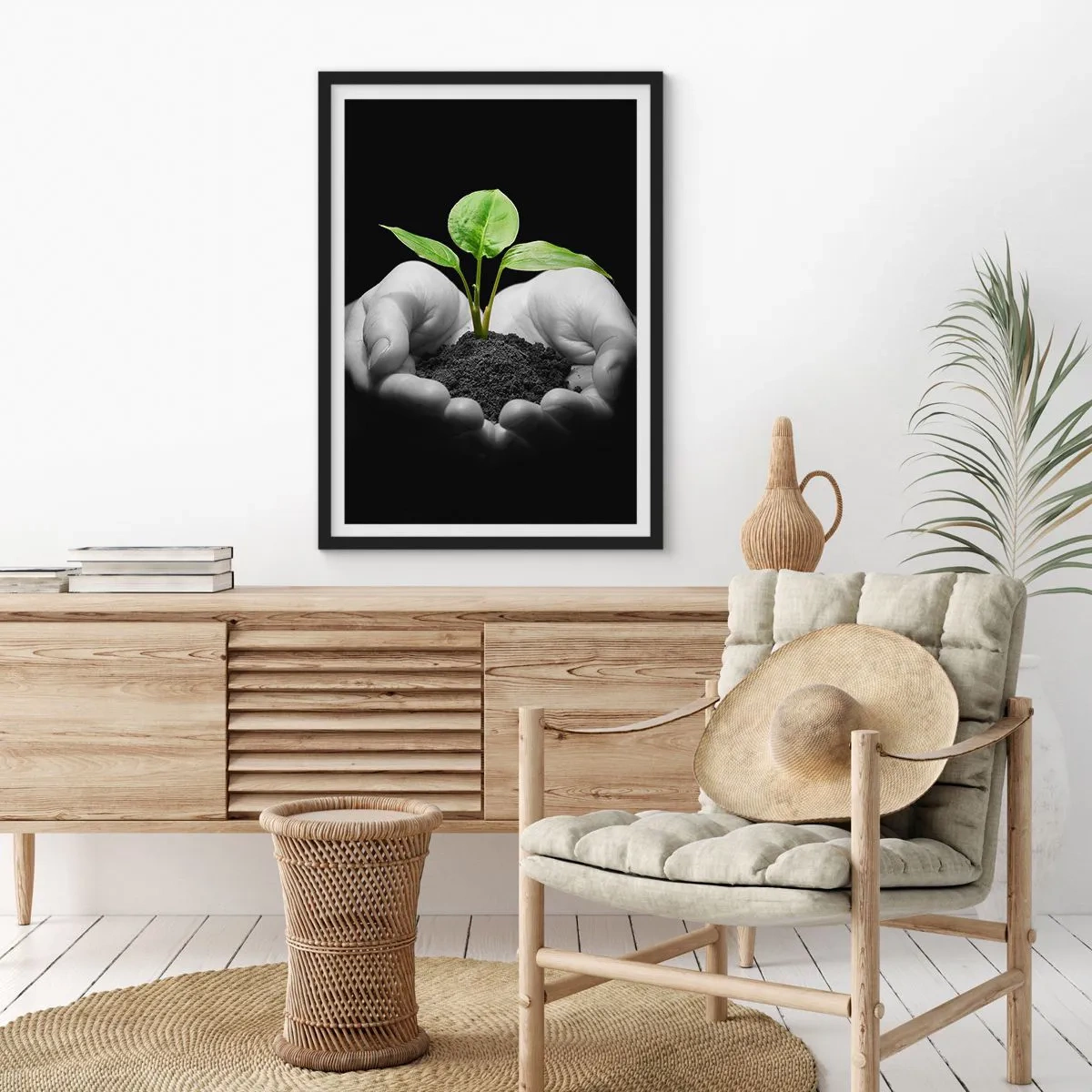 Affisch i svart ram - En växt i händerna som symboliserar liv och natur - 50x70cm - Jag älskar naturen och skyddar den - Modern väggdekoration för vardagsrum och sovrum ARTTOR