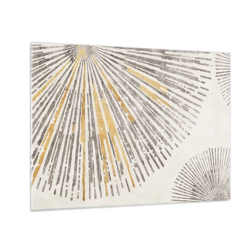 Glastavla - Bild på glas - Radiella linjer i nyanser av guld och grått mot en ljus bakgrund - 70x50cm - Radiens skönhet - Modern väggdekoration för vardagsrum och sovrum ARTTOR