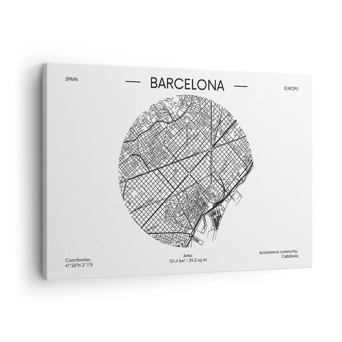 Canvastavla - Bild på duk - En karta över Barcelona i minimalistisk svartvit stil - 70x50cm - Barcelonas anatomi - Modern väggdekoration för vardagsrum och sovrum ARTTOR