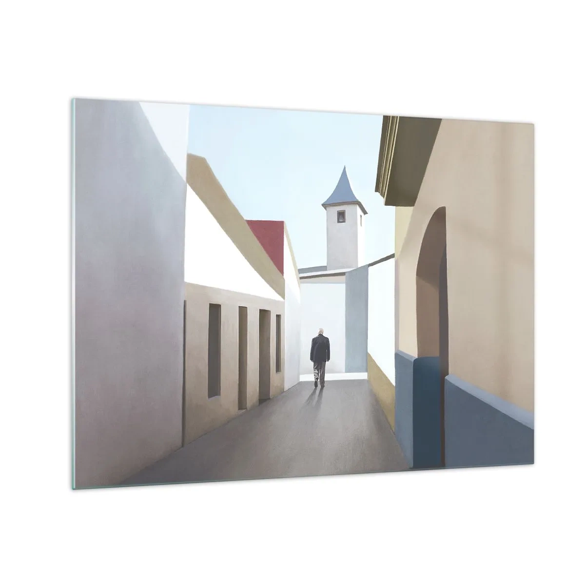 Glastavla - Bild på glas - En gata i solen med en figur som går i fjärran - 70x50cm - Solig promenad - Modern väggdekoration för vardagsrum och sovrum ARTTOR