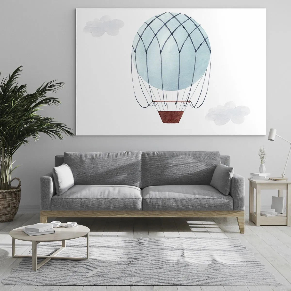 Glastavla - Bild på glas - Blå luftballong i molnen - 70x50cm - Hel i molnen - Modern väggdekoration för vardagsrum och sovrum ARTTOR