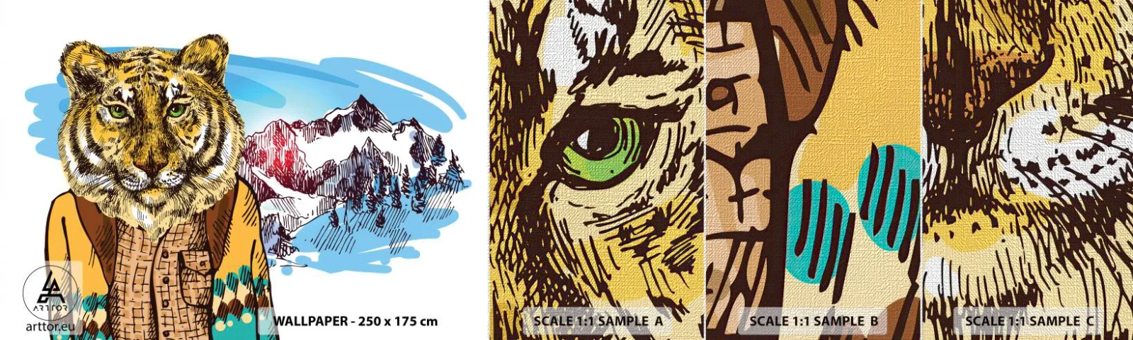 Provbit av fototapet Premium Canvas - Inte lika vild som den tecknas - Abstraktion, Tiger, Berg - 100x30 cm