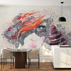 Fototapet Premium Canvas - Med henne har vi högtid varje dag - Abstraktion, Kvinnans ansikte, Kaka - 350x256 cm