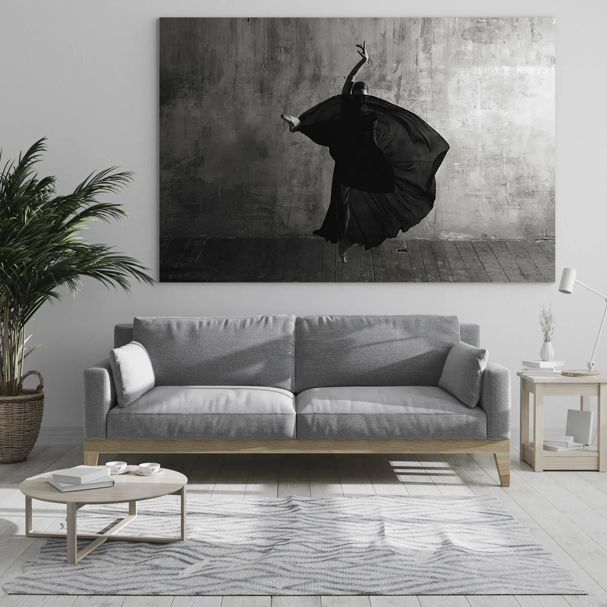 Glastavla - Bild på glas - Svartvit silhuett av en dansare i en dynamisk pose - 70x50cm - Full av passion - Modern väggdekoration för vardagsrum och sovrum ARTTOR