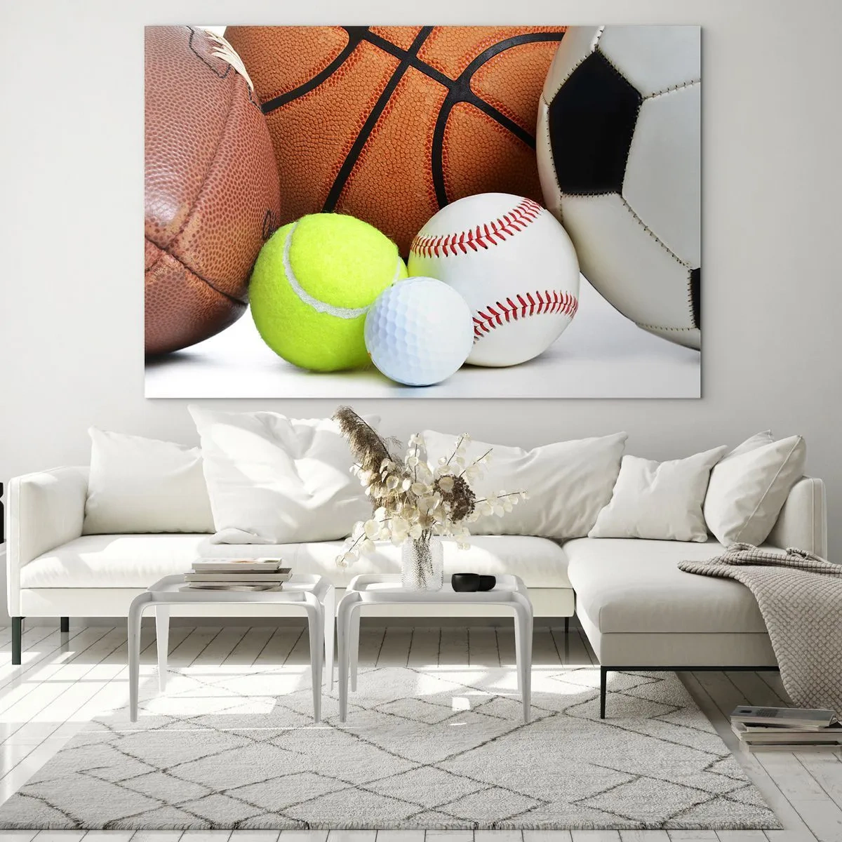 Glastavla - Bild på glas - En uppsättning sportbollar på en vit bakgrund - 70x50cm - Fotbollen förenar oss! - Modern väggdekoration för vardagsrum och sovrum ARTTOR