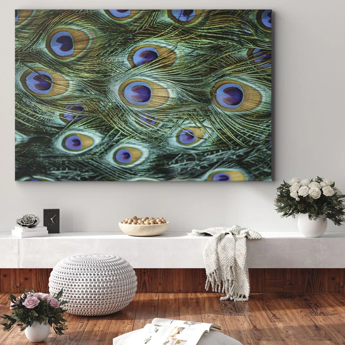 Canvastavla - Bild på duk - Detaljer av påfågelfjädrar i rika färger - 70x50cm - Påfågels blick - Modern väggdekoration för vardagsrum och sovrum ARTTOR