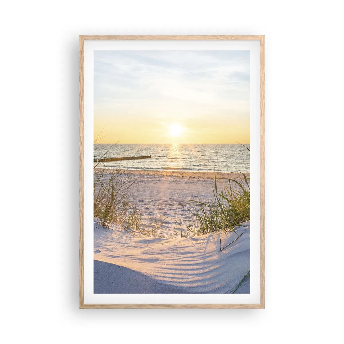Affisch i ram av ljusek - Havets brus, fågelsång, tom strand bland träden - 61x91 cm