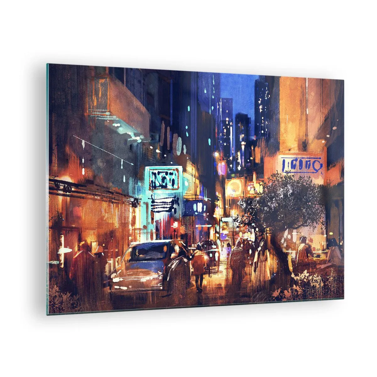 Glastavla - Bild på glas - Pittoresk nattstadsscen med neonljus och gatutrafik - 70x50cm - Och staden sover inte - Modern väggdekoration för vardagsrum och sovrum ARTTOR