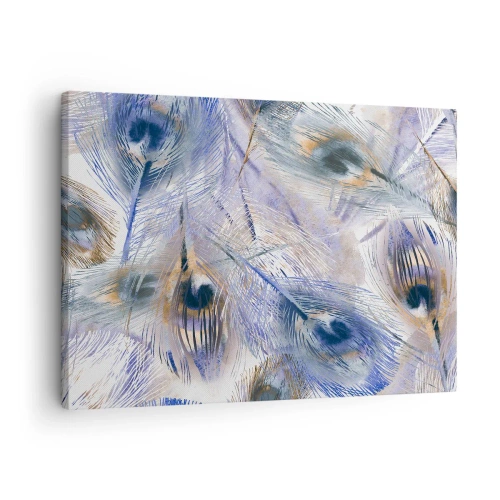 Canvastavla - Bild på duk - Ett mönster med påfågelfjädrar i nyanser av blått och guld - 70x50cm - Komposition med påfågelsfjädrar - Modern väggdekoration för vardagsrum och sovrum ARTTOR