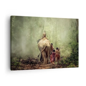 Canvastavla - Bild på duk - Barn med en elefant i en grön skog i morgonljuset - 70x50cm - Nya Djungelboken - Modern väggdekoration för vardagsrum och sovrum ARTTOR