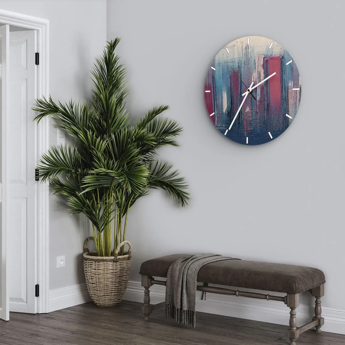 Väggklocka - Klocka på glas - Vertikal komposition i blått och rött - 30x30 cm