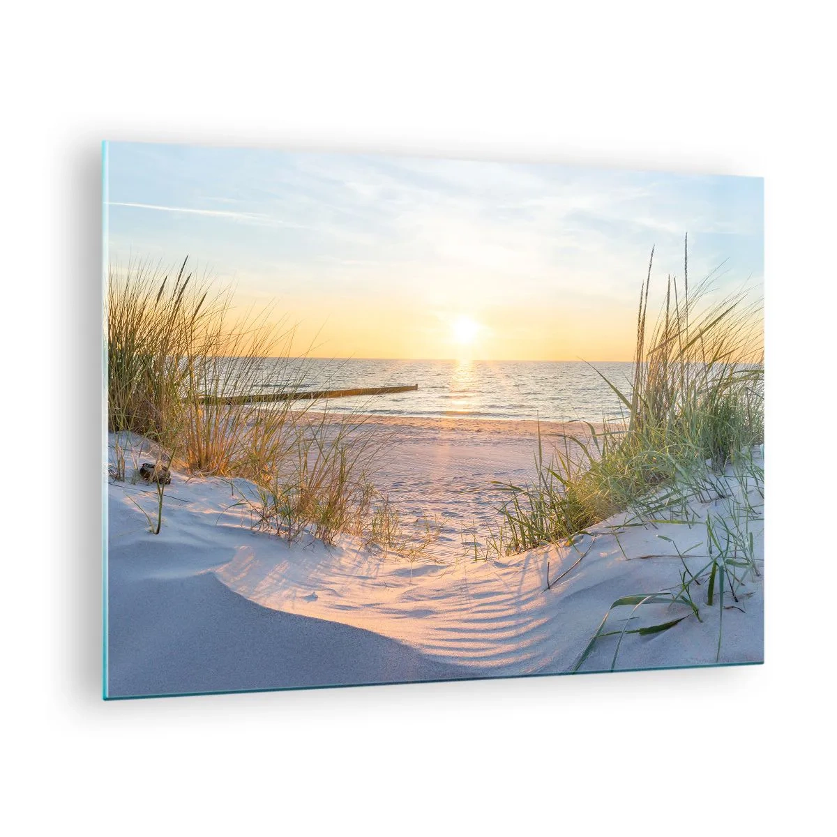 Glastavla - Bild på glas - Solnedgångsstrand med utsikt över havet och sanddynerna - 70x50cm - Havets brus, fågelsång, tom strand bland träden - Modern väggdekoration för vardagsrum och sovrum ARTTOR