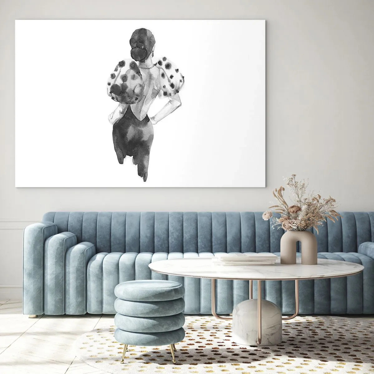 Glastavla - Bild på glas - Svartvit silhuett av en kvinna i en elegant outfit - 70x50cm - Hon passerade nära mig - Modern väggdekoration för vardagsrum och sovrum ARTTOR