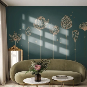 Fototapet Standard Eco - Gyllene örter på en mörkgrön bakgrund i linjär stil. - 100x70cm - Familjen ÖRTsson - Modern väggdekoration för vardagsrum och sovrum ARTTOR