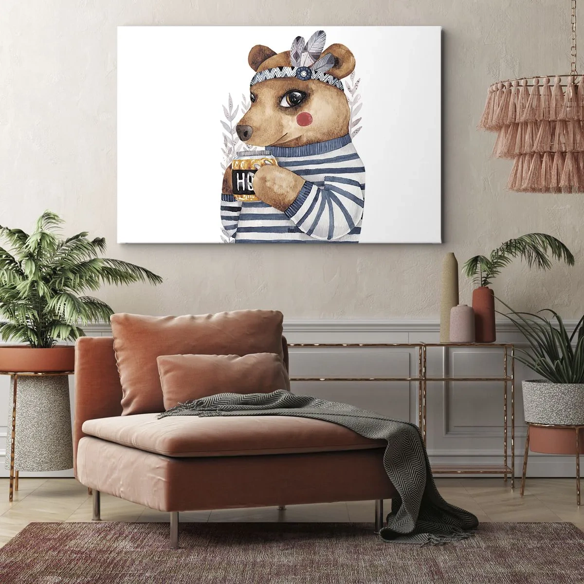 Canvastavla - Bild på duk - En nallebjörn i randig tröja med en kopp honung - 70x50cm - Söt björnfru - Modern väggdekoration för vardagsrum och sovrum ARTTOR