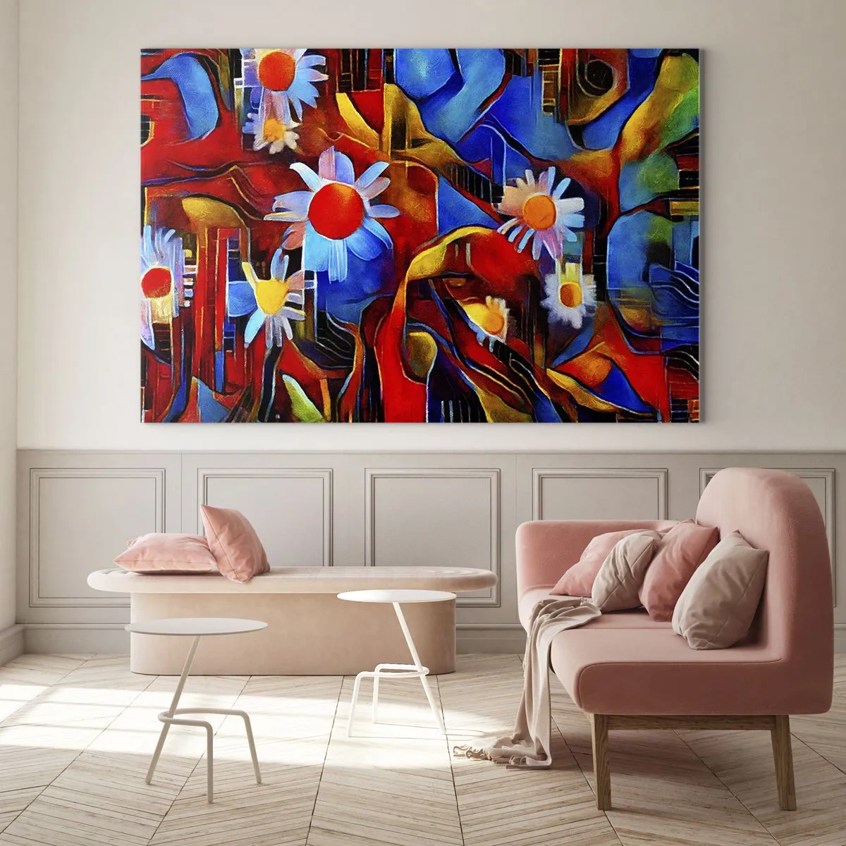 Glastavla - Bild på glas - Färgglada abstrakta blommor mot en bakgrund av intensiva färger - 70x50cm - Livets färger - Modern väggdekoration för vardagsrum och sovrum ARTTOR