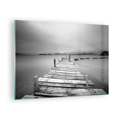Glastavla - Bild på glas - Träbrygga över en lugn sjö i svartvitt - 70x50cm - Bortom bergen och hav - Modern väggdekoration för vardagsrum och sovrum ARTTOR