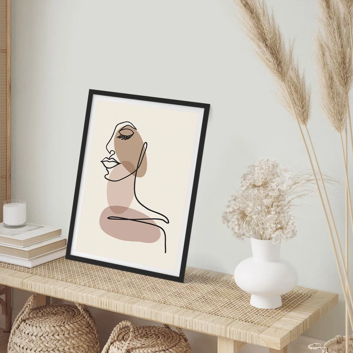 Affisch i svart ram - Ett minimalistiskt porträtt av en kvinna i abstrakta bruna toner - 50x70cm - Skönhetens säkra linje - Modern väggdekoration för vardagsrum och sovrum ARTTOR