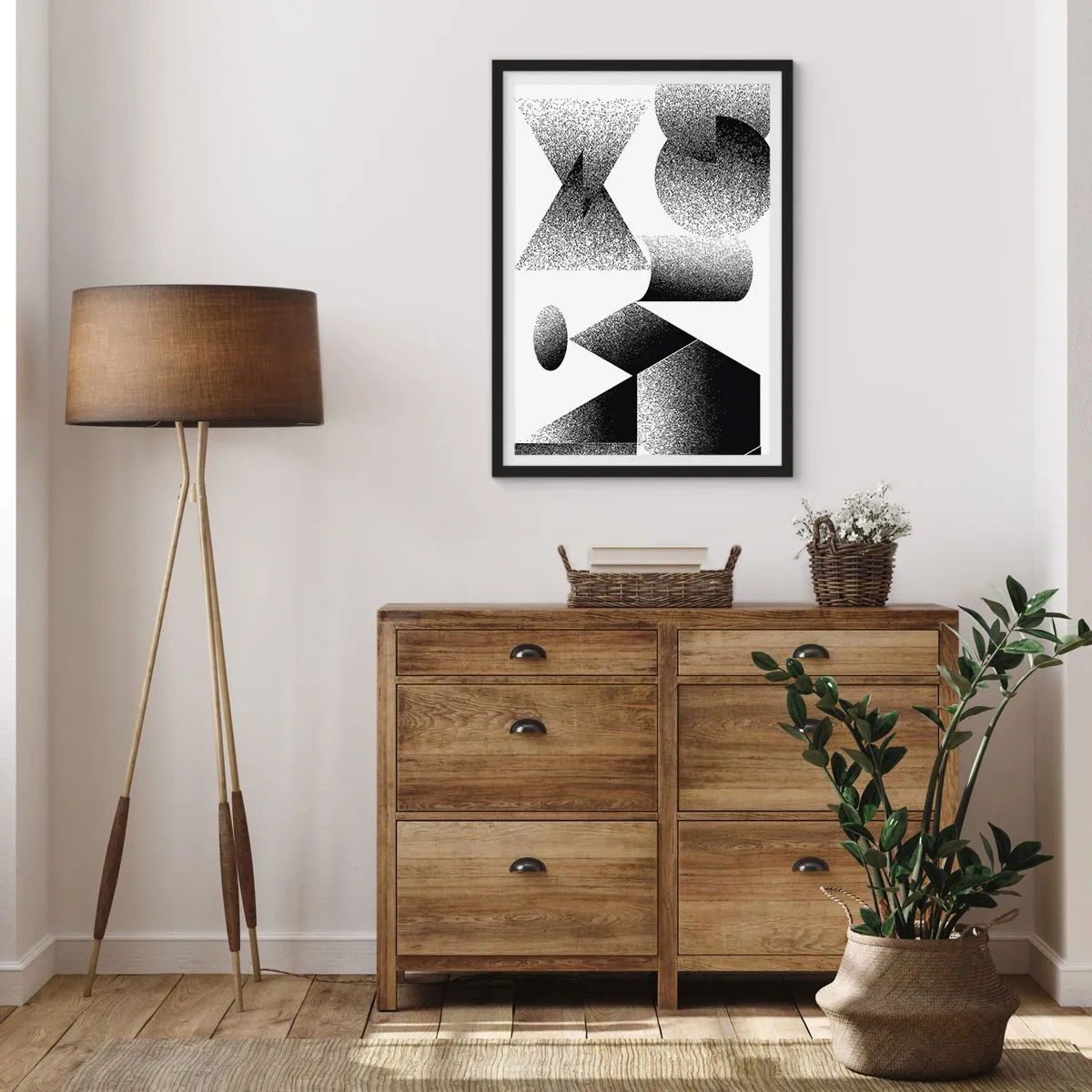 Affisch i svart ram - Abstrakt komposition av geometriska former i svartvitt - 50x70cm - Vinklar och ovaler - Modern väggdekoration för vardagsrum och sovrum ARTTOR