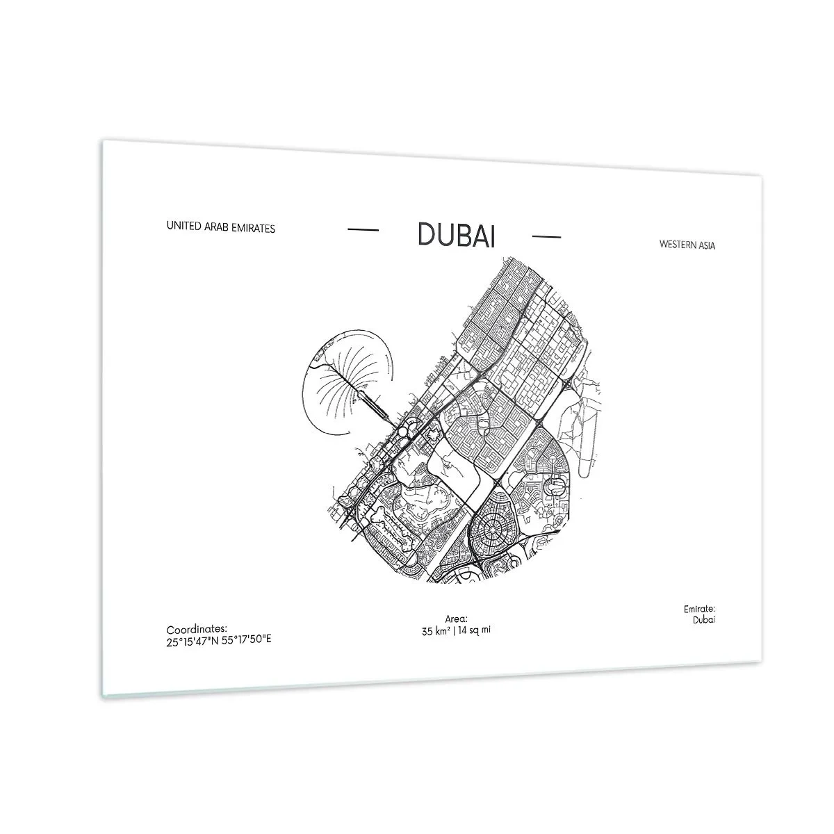 Glastavla - Bild på glas - En minimalistisk karta över Dubai i svartvitt stil. - 70x50cm - Dubais anatomi - Modern väggdekoration för vardagsrum och sovrum ARTTOR
