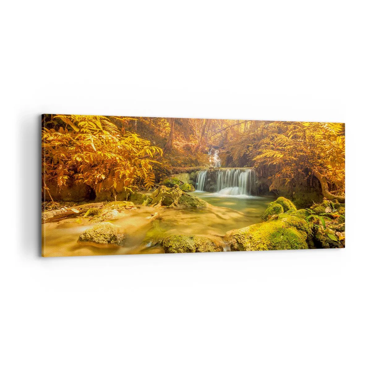 Canvastavla - Bild på duk - Skogkaskad i gult - 100x40 cm