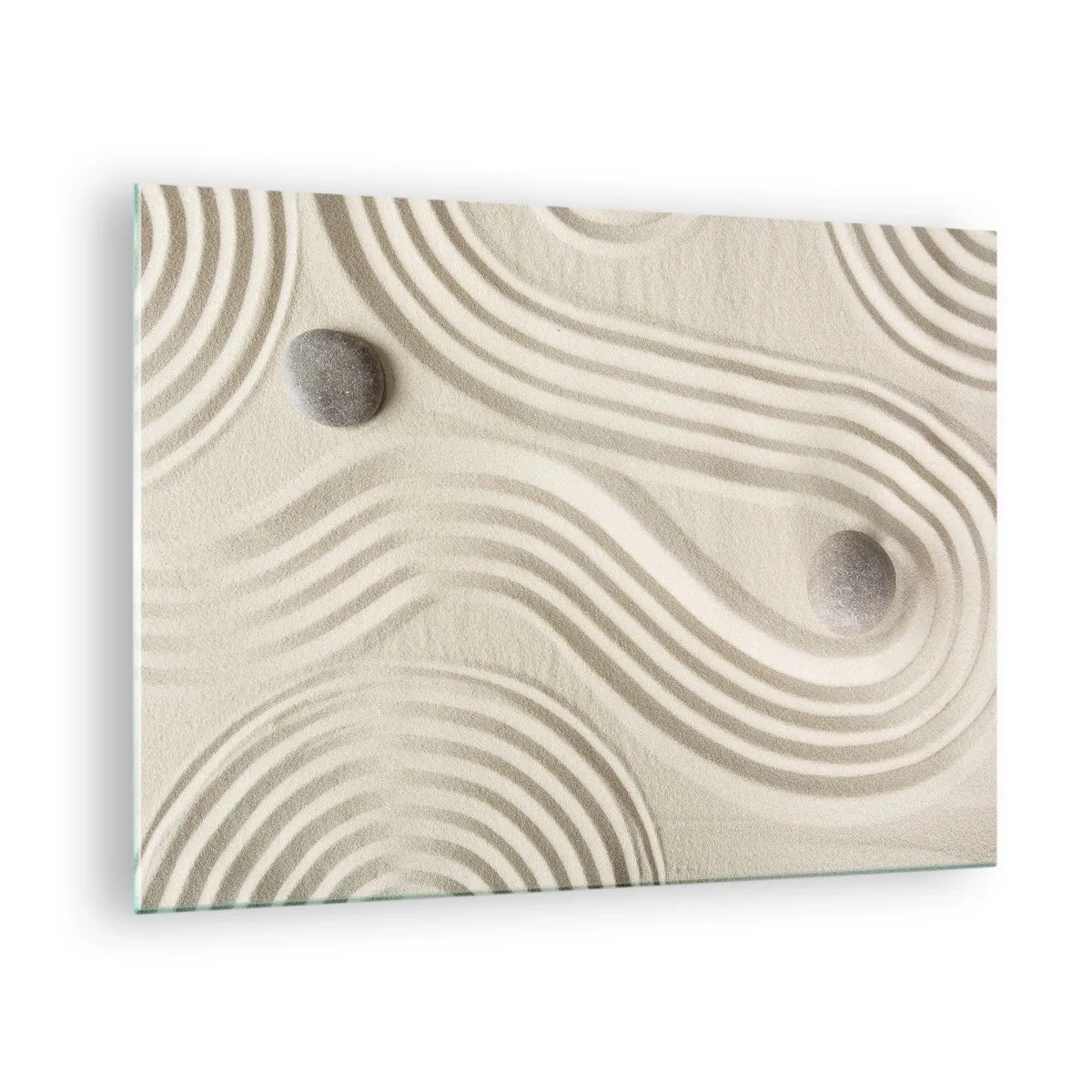 Glastavla - Bild på glas - Minimalistisk sand med stenar och geometriska mönster - 70x50cm - Värmens beröring - Modern väggdekoration för vardagsrum och sovrum ARTTOR