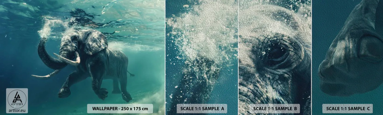 Provbit av fototapet Premium Sand - Alla tycker om att simma - Abstraktion, Elefant, Bit - 100x30 cm