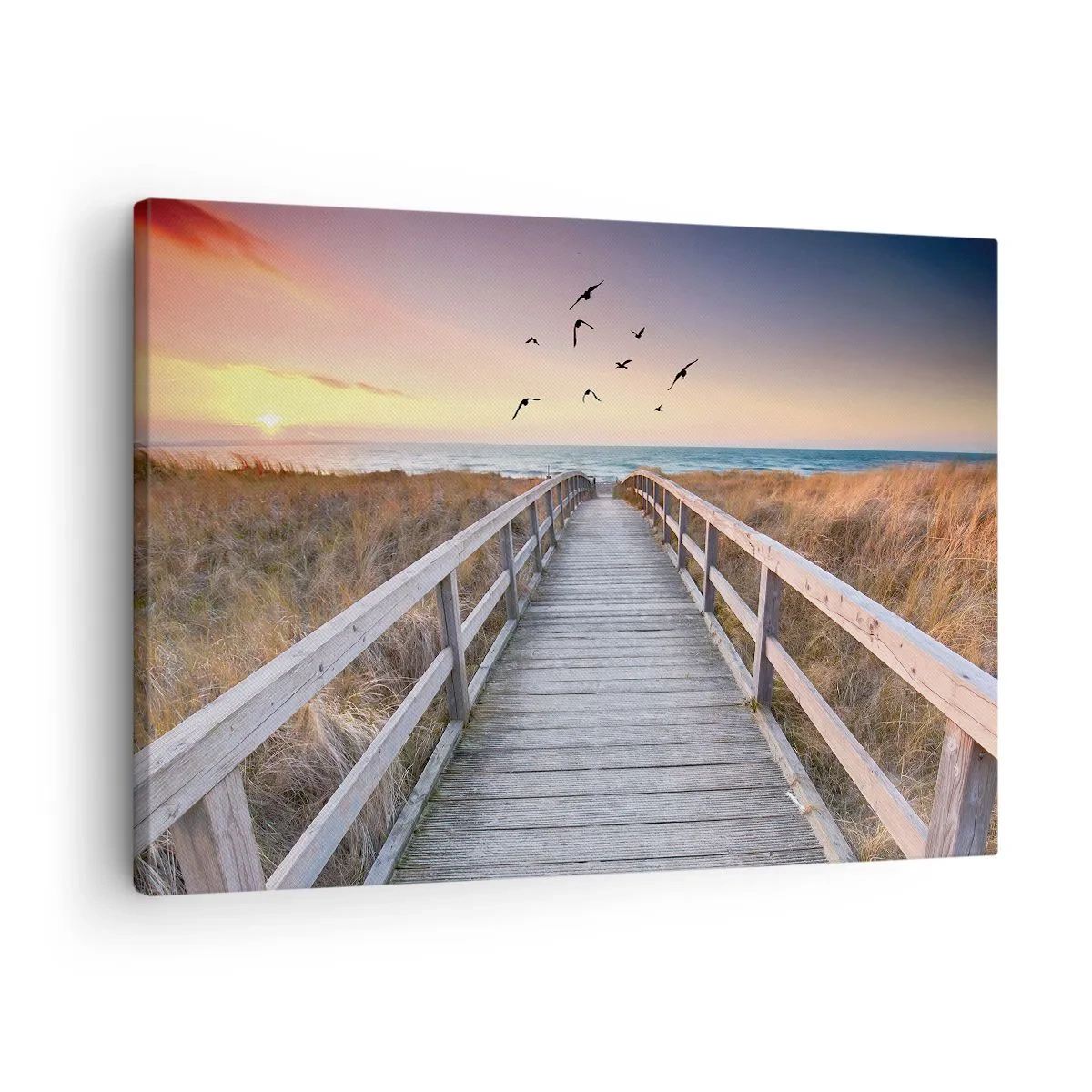 Canvastavla - Bild på duk - Träbrygga som leder till stranden vid solnedgången - 70x50cm - Startbana - Modern väggdekoration för vardagsrum och sovrum ARTTOR