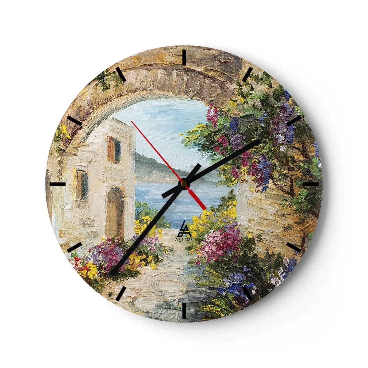 Väggklocka - Klocka på glas - En stämningsfull gata med blommor och havsutsikt - 30x30cm - Kustprovinsens charm - Modern väggdekoration för vardagsrum, kök och sovrum ARTTOR