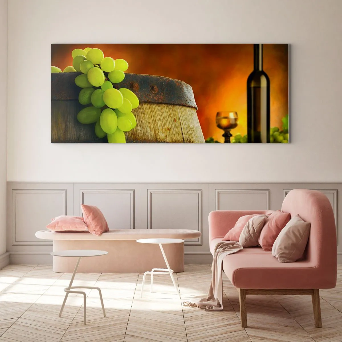 Glastavla - Bild på glas - Stilleben med vinflaska och vindruvor - 100x40 cm