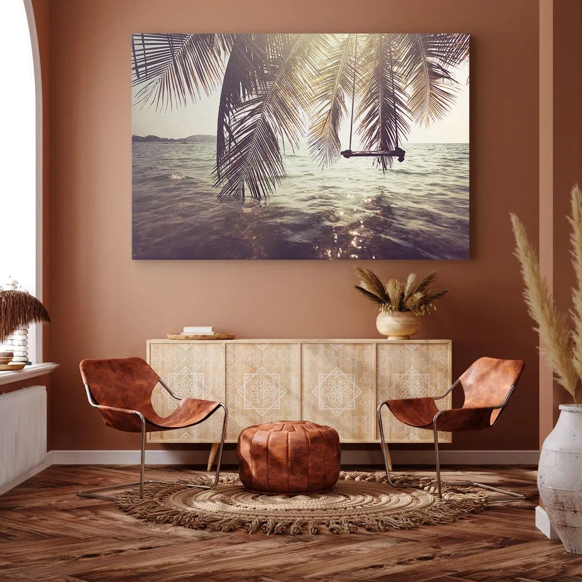 Canvastavla - Bild på duk - Palmträd med en gunga över vattnet i solljuset - 70x50cm - Gunga i molnen hur mycket du vill - Modern väggdekoration för vardagsrum och sovrum ARTTOR