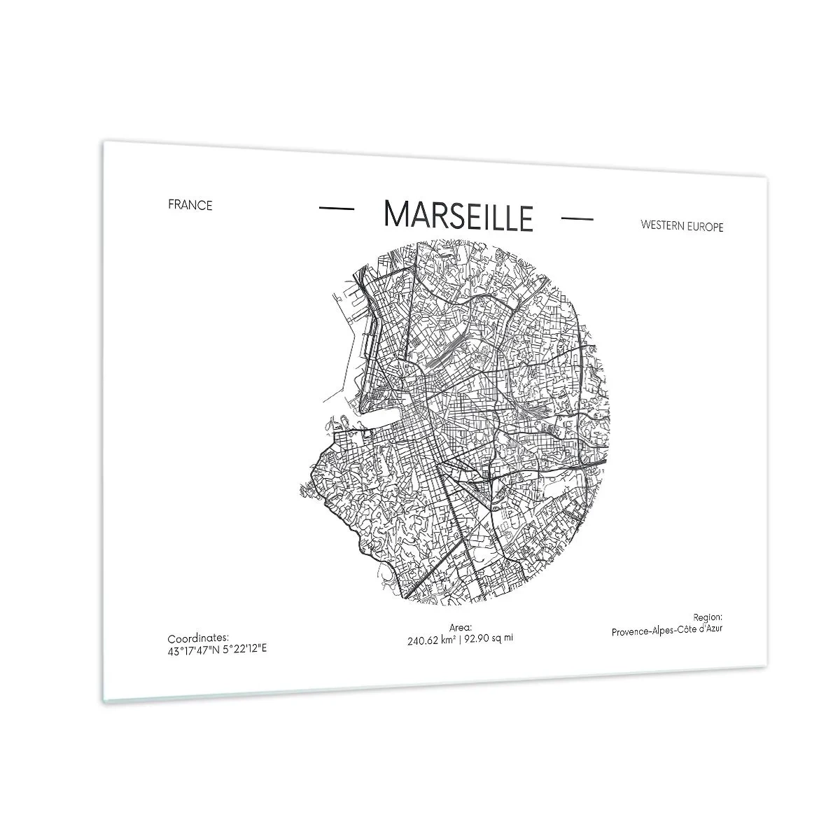 Glastavla - Bild på glas - Svartvit karta över staden Marseille i modern stil - 70x50cm - Marseilles anatomi - Modern väggdekoration för vardagsrum och sovrum ARTTOR