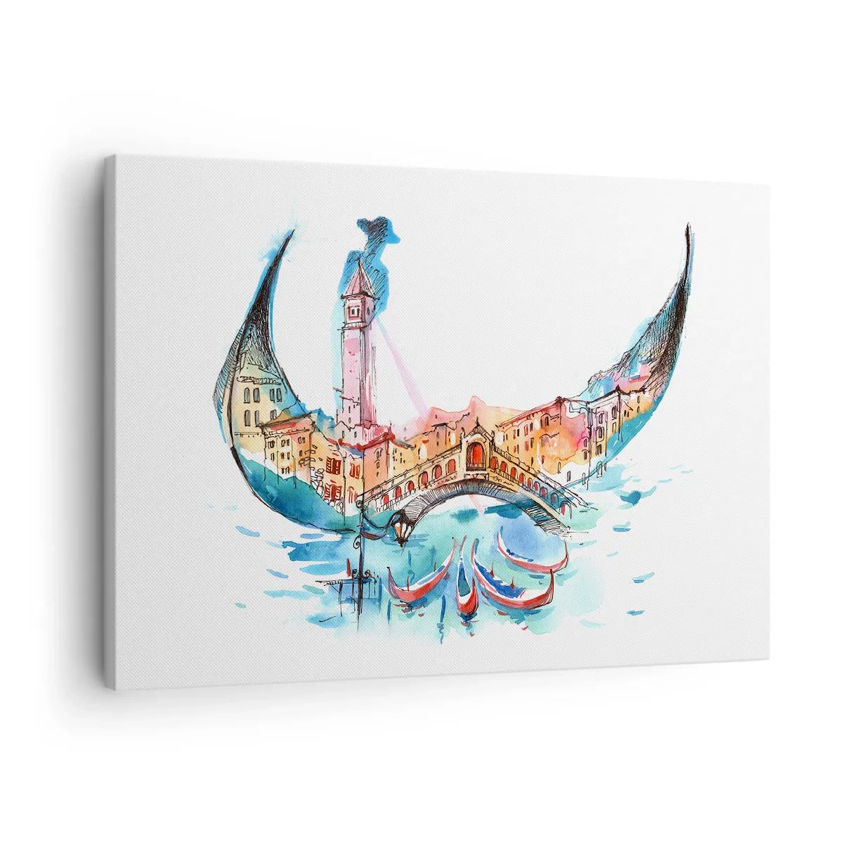 Canvastavla - Bild på duk - En akvarellkomposition av Venedig i form av en gondol - 70x50cm - Vi flyter genom staden - Modern väggdekoration för vardagsrum och sovrum ARTTOR